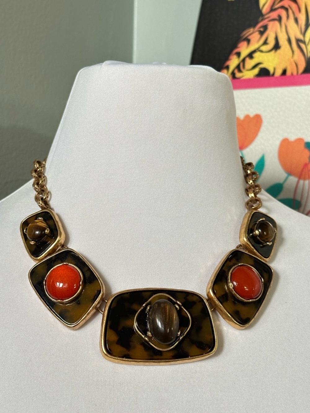 Huge Chunky Tortoiseshell Chico’s Faux Stone Statement Necklace Tropical Y2K 90s